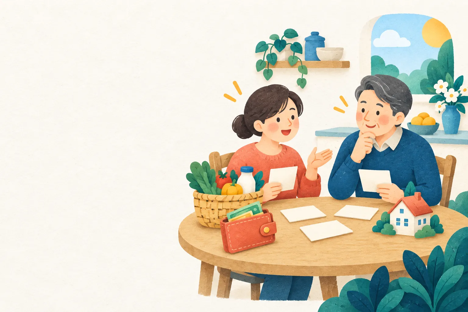 暮らしのお金について食卓で話し合う二人のイラスト