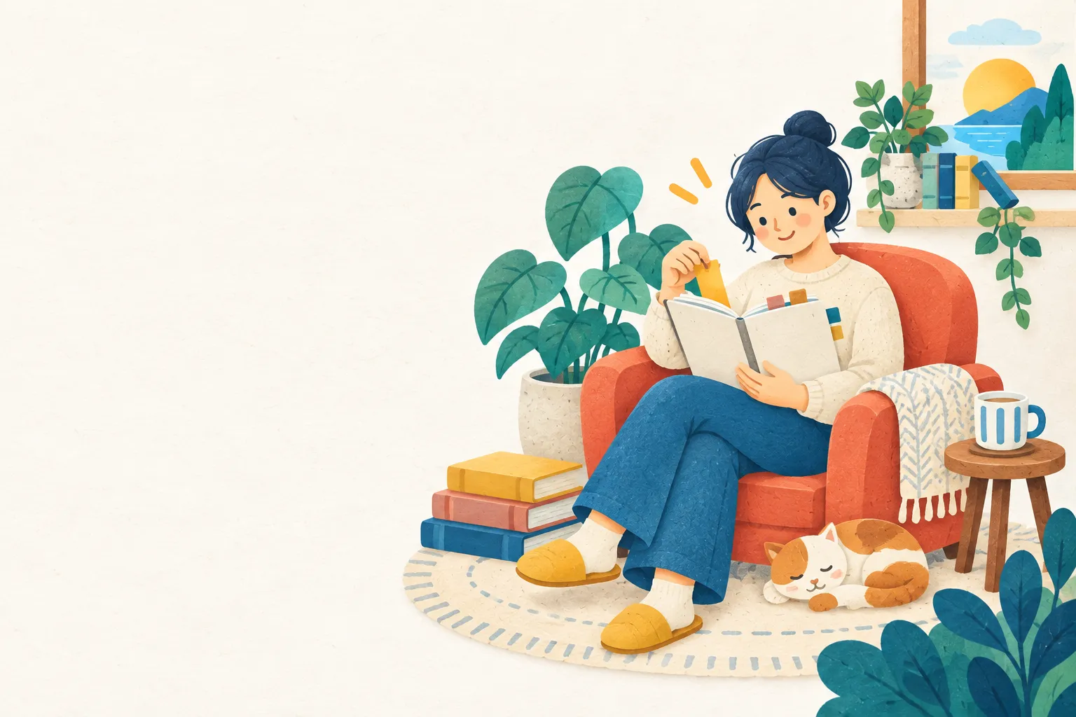 椅子でくつろぎながら学習ノートを振り返る人のイラスト