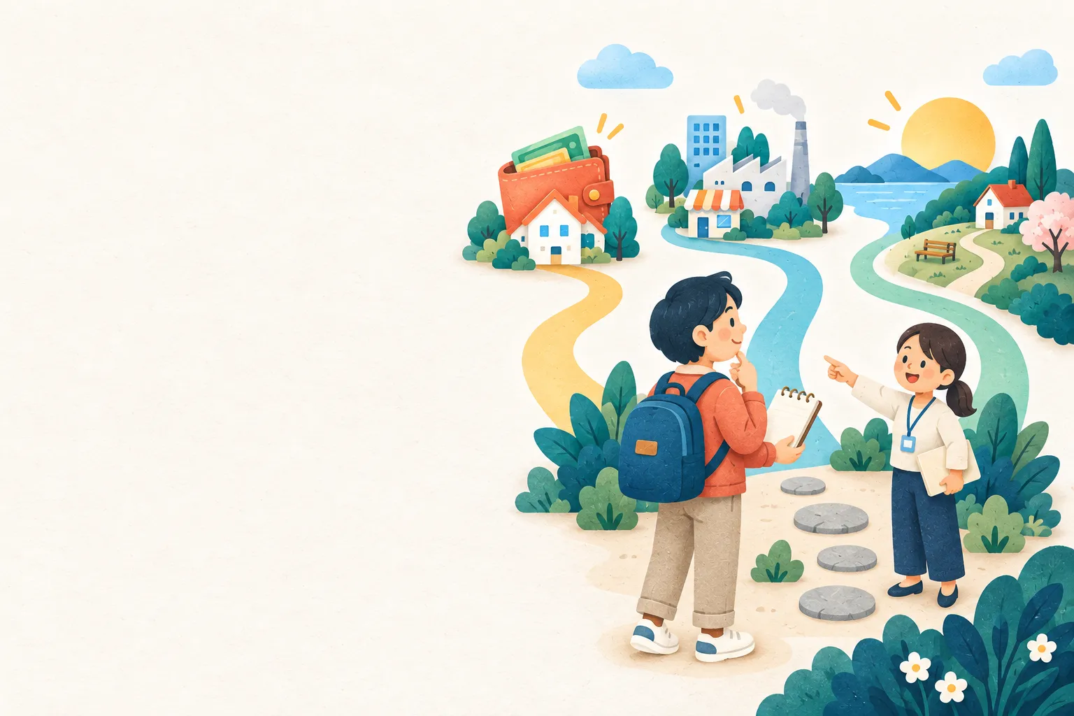 学びの道を選ぶ人と案内役を描いたイラスト