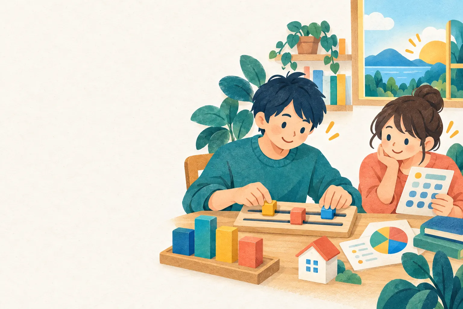 二人がスライダーや計算カードを動かして学ぶイラスト